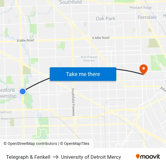 Telegraph & Fenkell to University of Detroit Mercy map