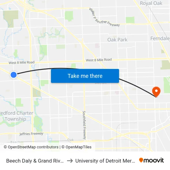 Beech Daly & Grand River to University of Detroit Mercy map