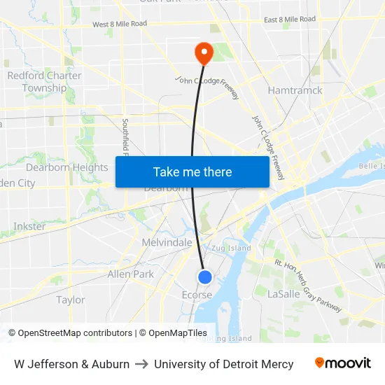 W Jefferson & Auburn to University of Detroit Mercy map