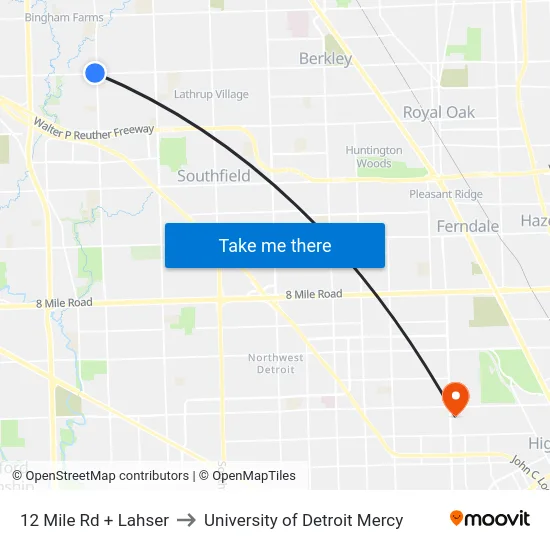 12 Mile & Lahser to University of Detroit Mercy map