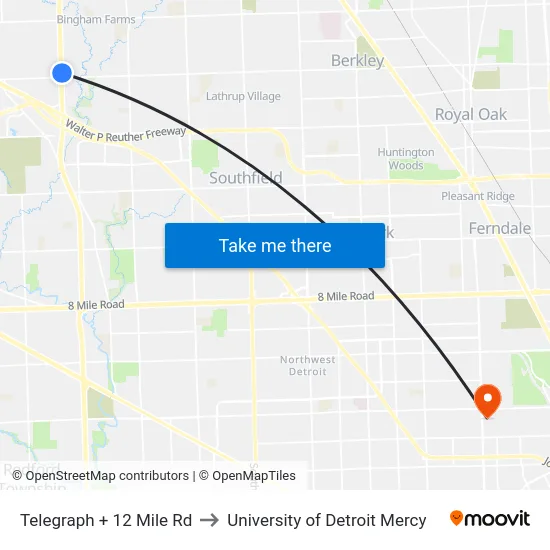 Telegraph + 12 Mile Rd to University of Detroit Mercy map