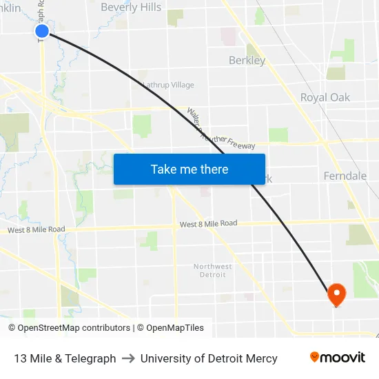 13 Mile & Telegraph to University of Detroit Mercy map