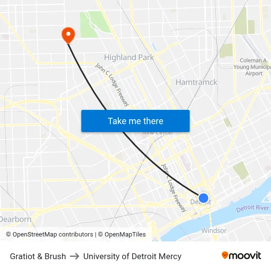 Gratiot & Brush to University of Detroit Mercy map
