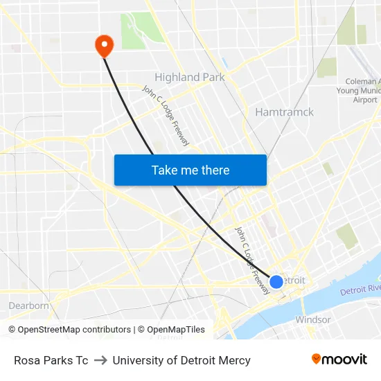 Rosa Parks Tc to University of Detroit Mercy map