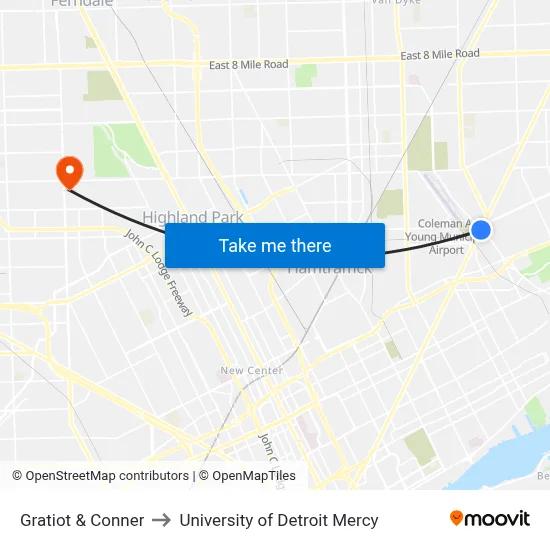 Gratiot & Conner to University of Detroit Mercy map