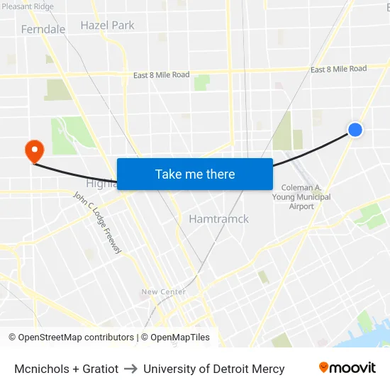 Mcnichols & Gratiot to University of Detroit Mercy map