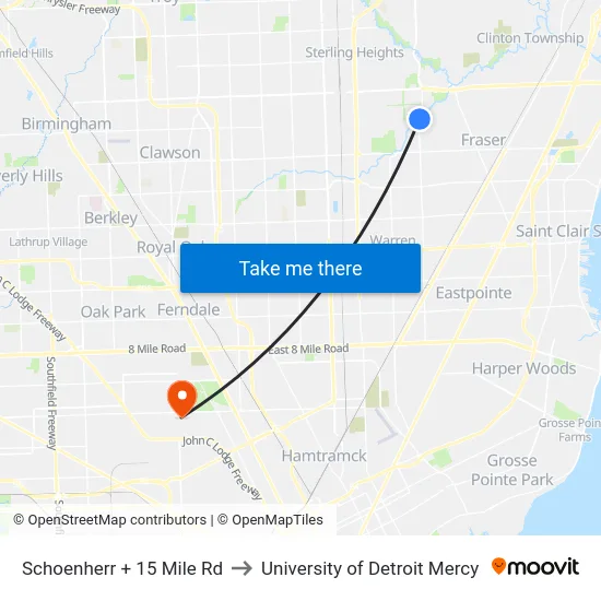 Schoenherr @ 15 Mile to University of Detroit Mercy map