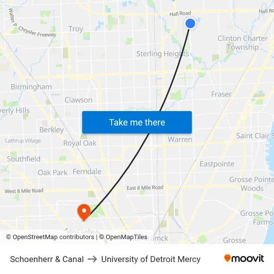 Schoenherr & Canal to University of Detroit Mercy map