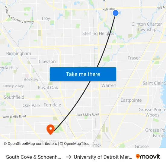 South Cove & Schoenherr to University of Detroit Mercy map