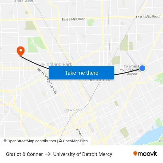 Gratiot & Conner to University of Detroit Mercy map