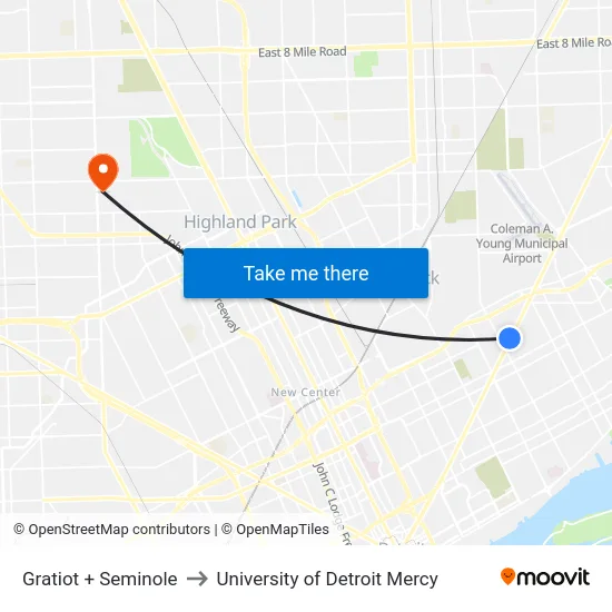 Gratiot + Seminole to University of Detroit Mercy map