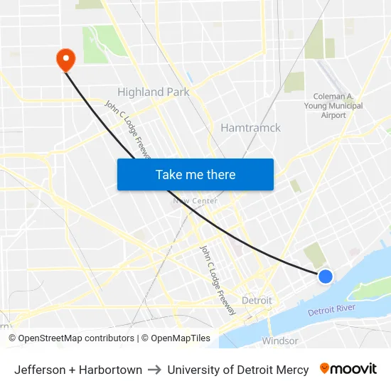 Jefferson + Harbortown to University of Detroit Mercy map
