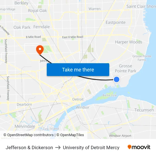 Jefferson & Dickerson to University of Detroit Mercy map