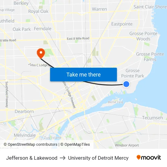 Jefferson & Lakewood to University of Detroit Mercy map