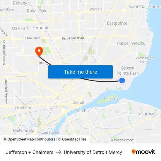 Jefferson & Chalmers to University of Detroit Mercy map