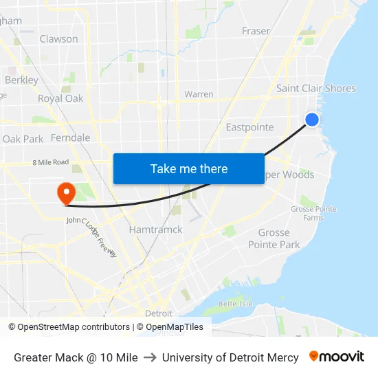 Greater Mack @ 10 Mile to University of Detroit Mercy map