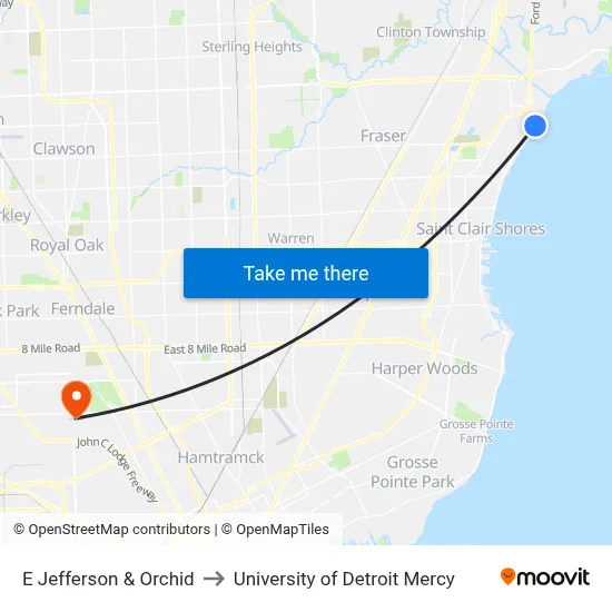 E Jefferson & Orchid to University of Detroit Mercy map