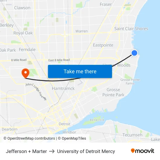 Jefferson & Marter to University of Detroit Mercy map