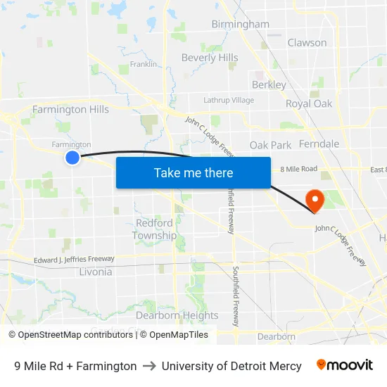 9 Mile & Farmington to University of Detroit Mercy map