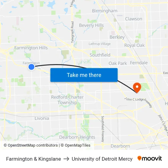 Farmington & Kingslane to University of Detroit Mercy map
