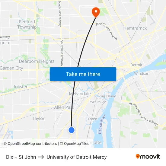 Dix & St John to University of Detroit Mercy map