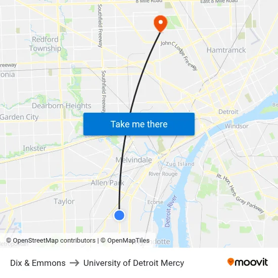 Dix & Emmons to University of Detroit Mercy map