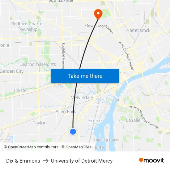 Dix & Emmons to University of Detroit Mercy map