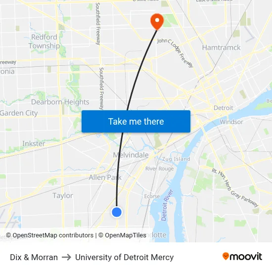 Dix & Morran to University of Detroit Mercy map
