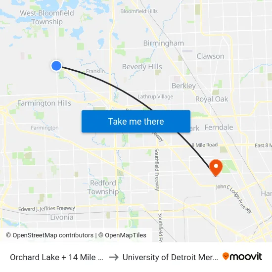 Orchard Lake @ 14 Mile to University of Detroit Mercy map