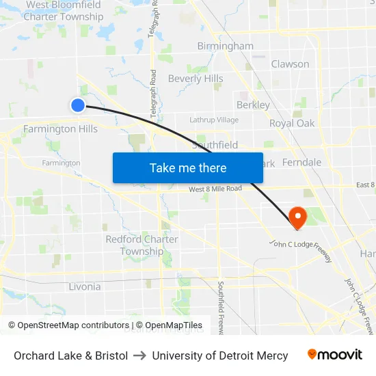 Orchard Lake & Bristol to University of Detroit Mercy map