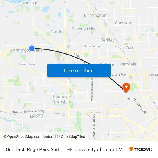 Occ Orch Rdge Park And Ride to University of Detroit Mercy map