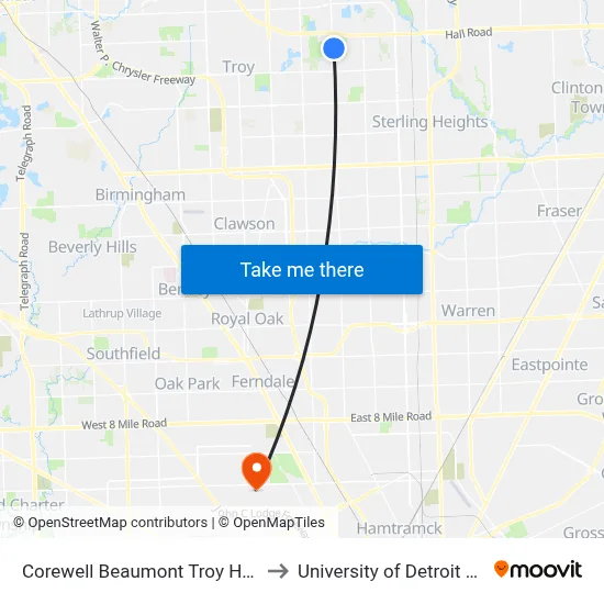 Corewell Beaumont Troy Hospital to University of Detroit Mercy map