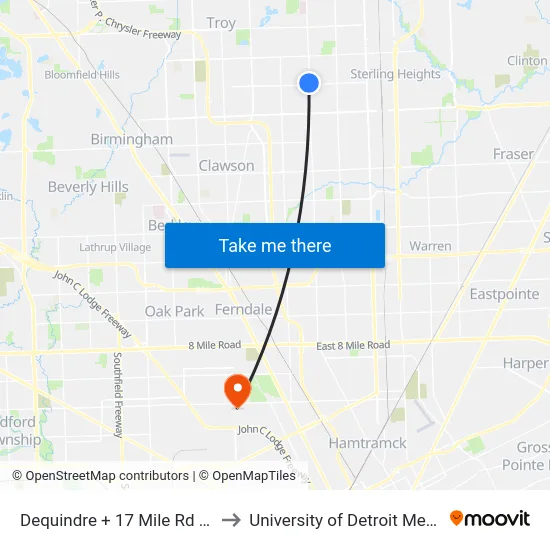 Dequindre @ 17 Mile Road NE to University of Detroit Mercy map