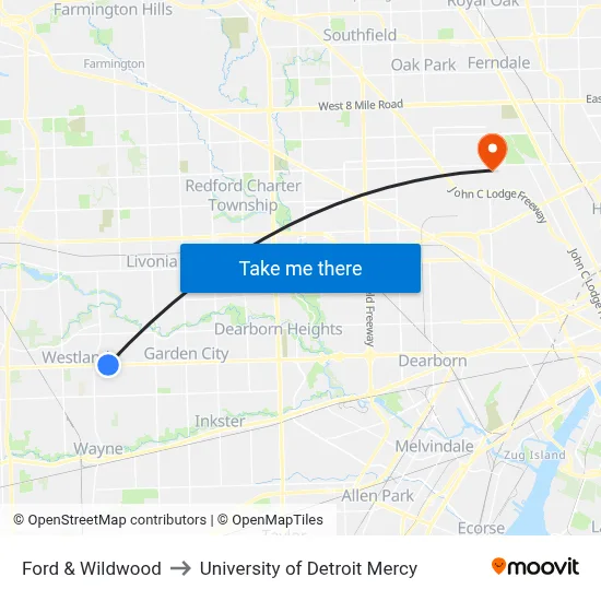 Ford & Wildwood to University of Detroit Mercy map