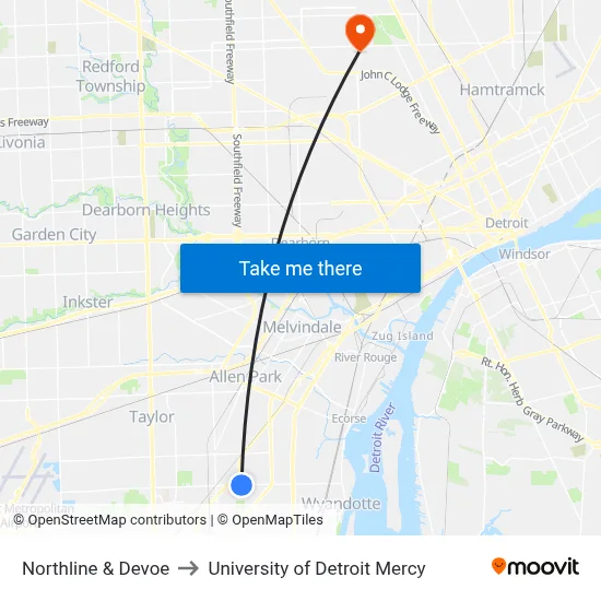 Northline & Devoe to University of Detroit Mercy map