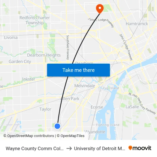 Wayne County Comm College to University of Detroit Mercy map