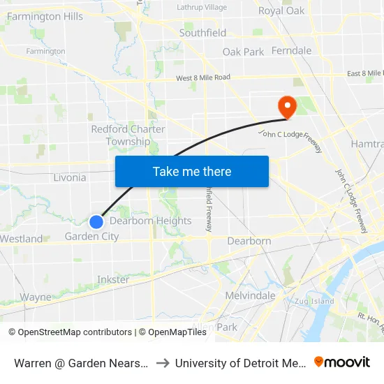 Warren @ Garden Nearside to University of Detroit Mercy map