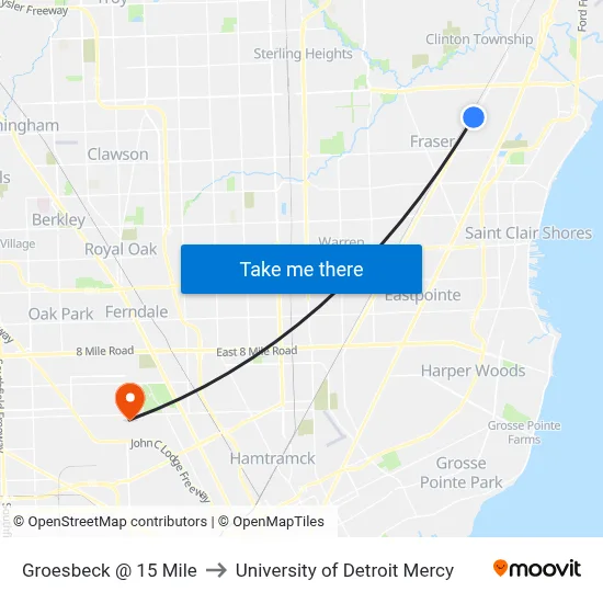 Groesbeck @ 15 Mile to University of Detroit Mercy map