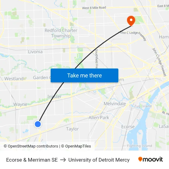 Ecorse & Merriman SE to University of Detroit Mercy map