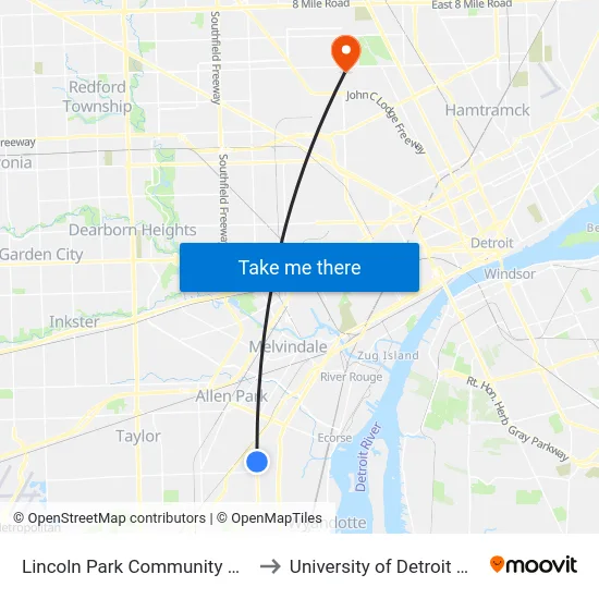 Lincoln Park Community Center to University of Detroit Mercy map