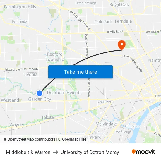 Middlebelt & Warren to University of Detroit Mercy map