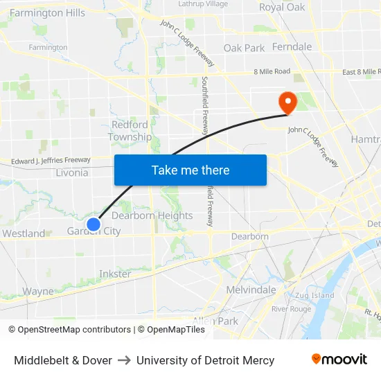 Middlebelt & Dover to University of Detroit Mercy map
