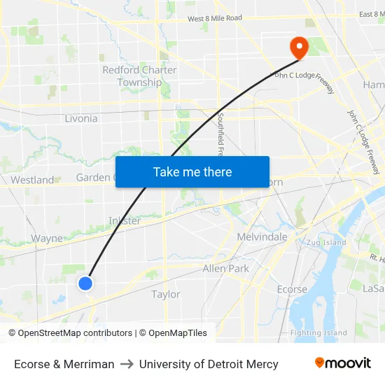 Ecorse & Merriman to University of Detroit Mercy map