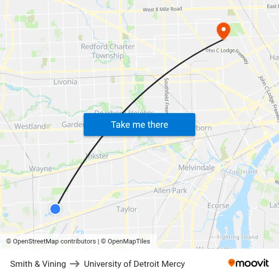 Smith & Vining to University of Detroit Mercy map