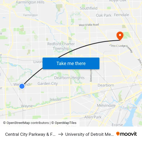 Central City Parkway & Ford to University of Detroit Mercy map