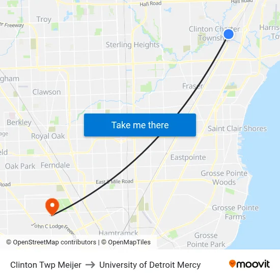 Clinton Twp Meijer to University of Detroit Mercy map