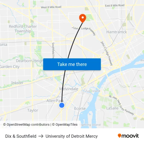 Dix & Southfield to University of Detroit Mercy map