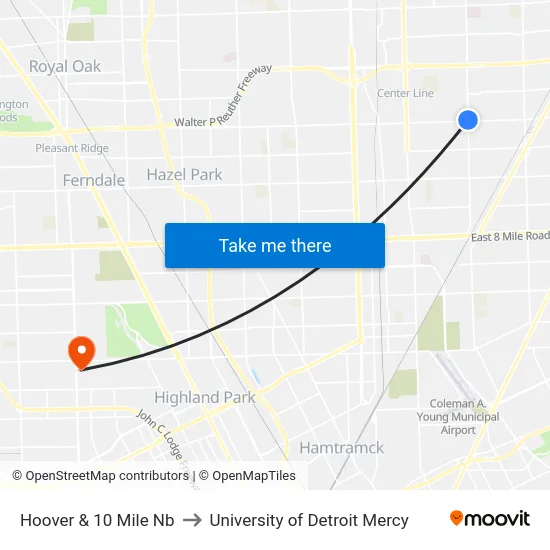 Hoover @ 10 Mile Road Nb to University of Detroit Mercy map