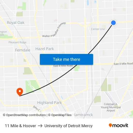 11 Mile & Hoover to University of Detroit Mercy map