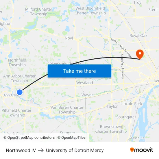 Northwood IV to University of Detroit Mercy map